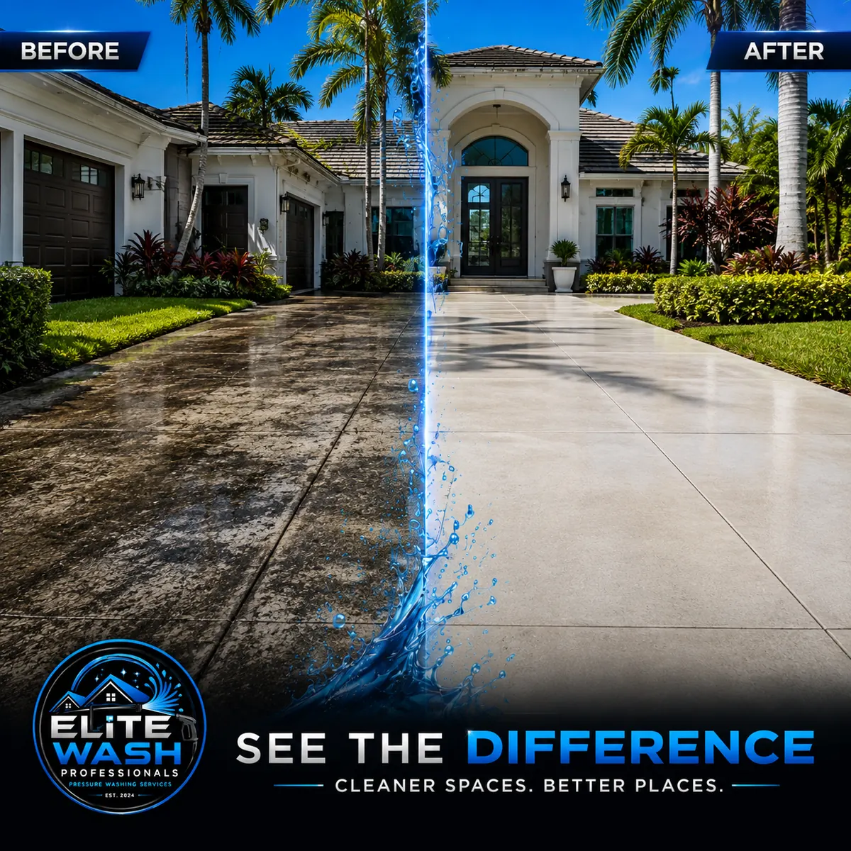 Before and after pressure washing a driveway in Homestead, FL