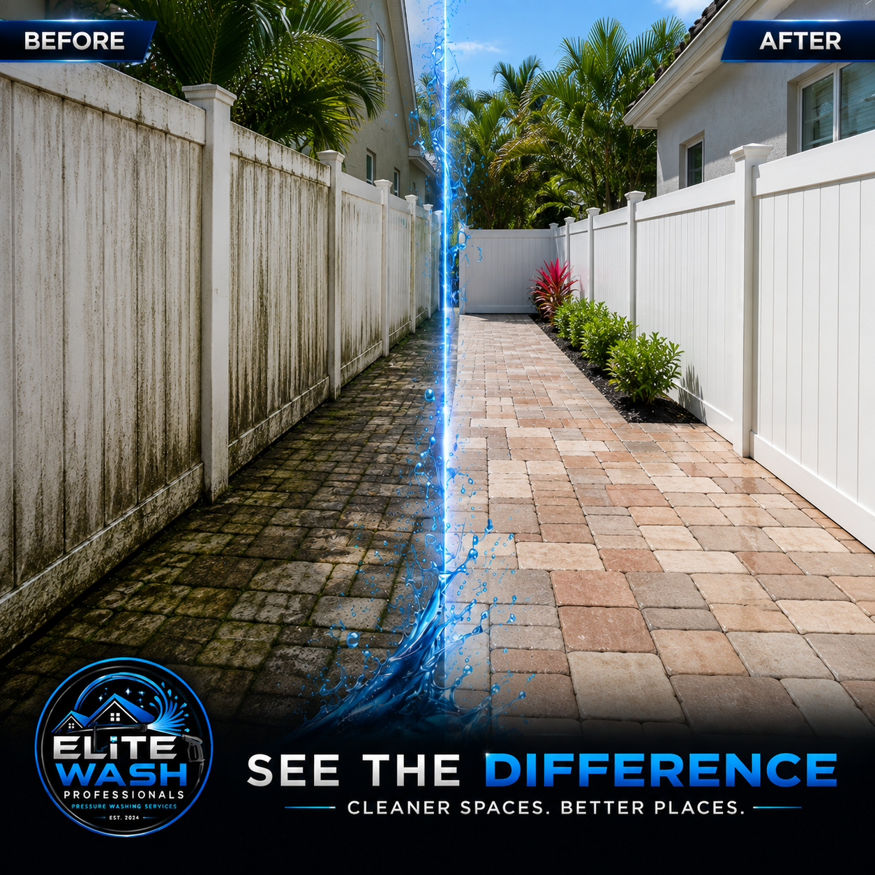 Before and after fence and paver cleaning in South Miami-Dade