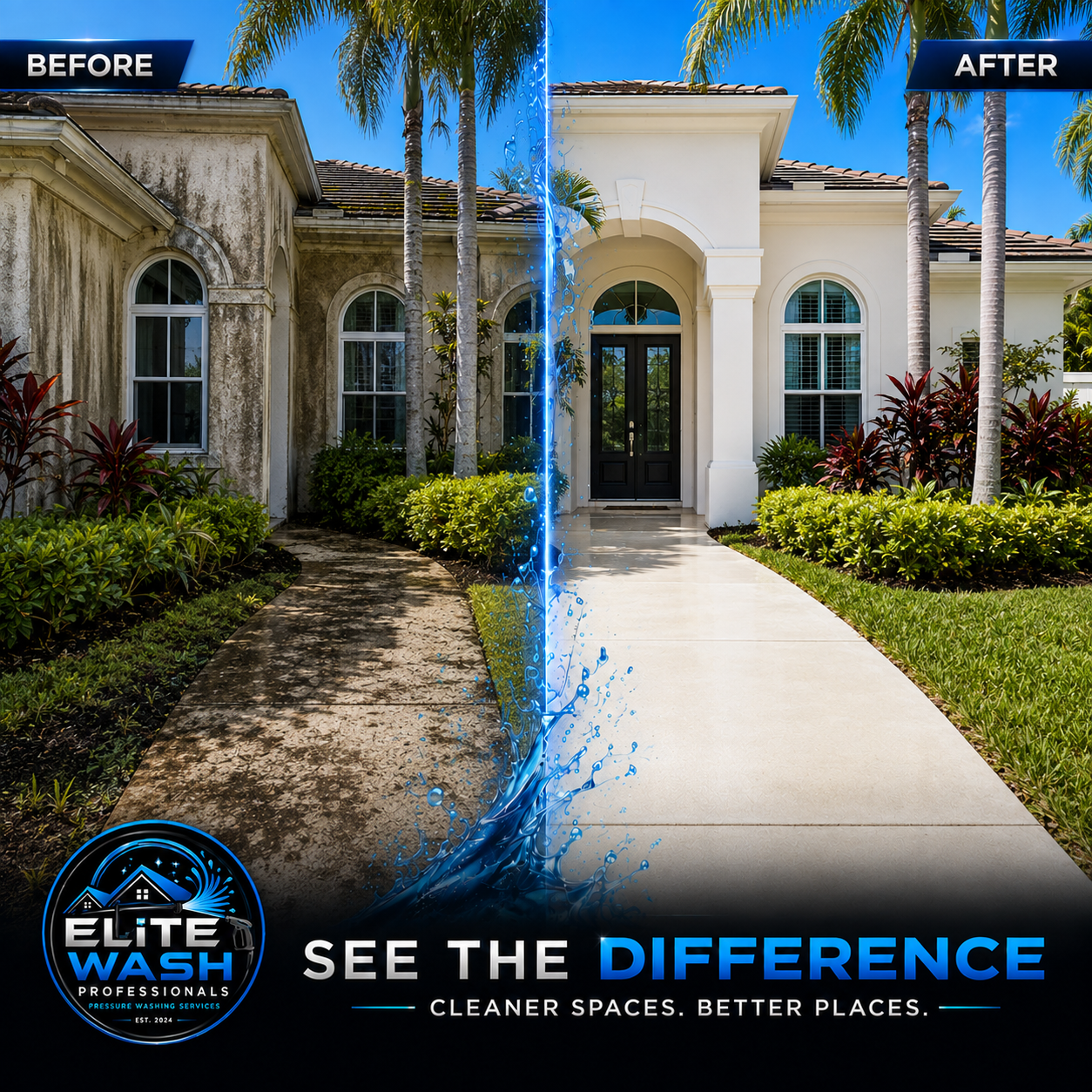 Before and after house exterior soft wash in South Miami-Dade